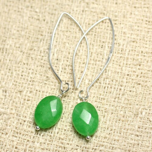 Boucles d'oreilles argent 925 et pierre - jade verte ovales facettés 14mm