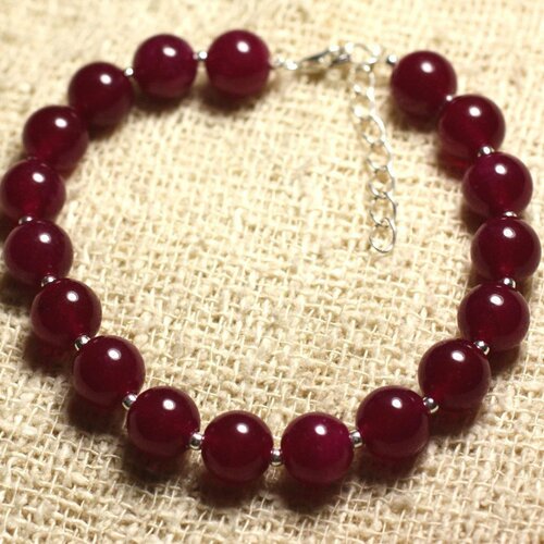 Bracelet argent 925 et pierre - jade rouge rose framboise 8mm