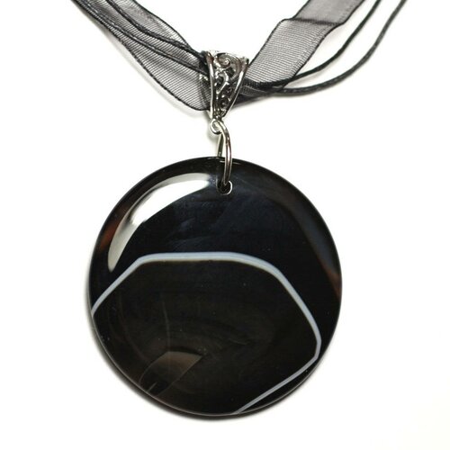 N7 - collier pendentif en pierre - agate noire et blanche rond 47mm