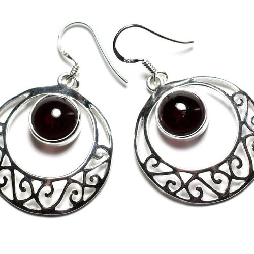 Bo235 - boucles d'oreilles argent 925 et pierre - créoles filigranes arabesques 27mm grenat