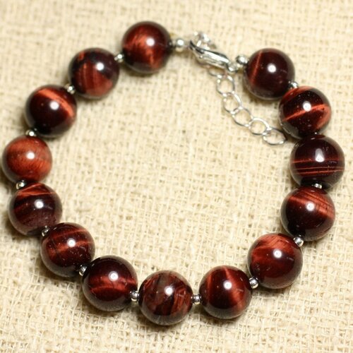 Bracelet argent 925 et pierre - oeil de taureau boules 10mm