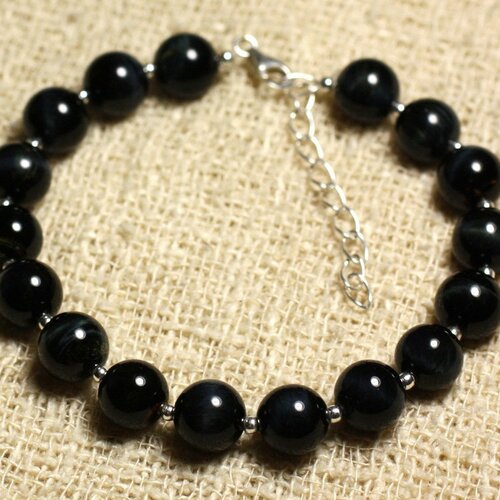 Bracelet argent 925 et pierre semi précieuse - oeil de faucon 8mm