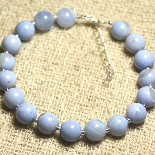 Bracelet argent 925 et pierre semi précieuse - agate bleu clair 8mm