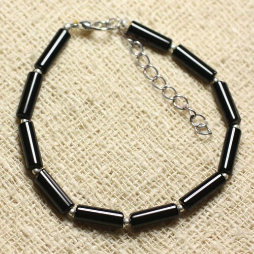 Bracelet argent 925 et pierre - onyx noir tubes 13mm