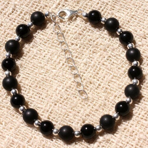 Bracelet argent 925 et pierre - onyx noir brillant et mat 6mm