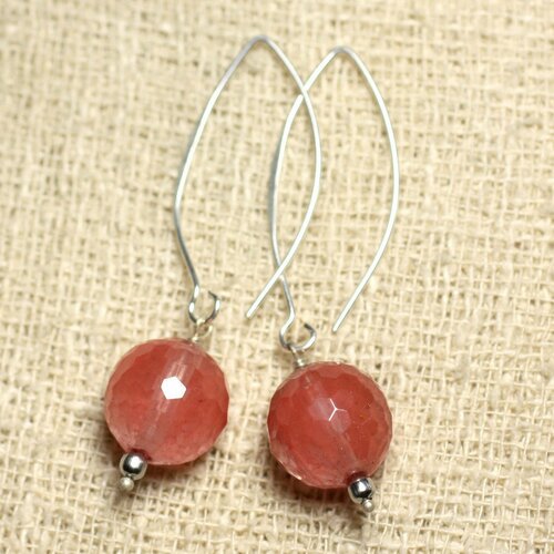 Boucles d'oreilles argent 925 et pierre - quartz cerise boules facettées 14mm