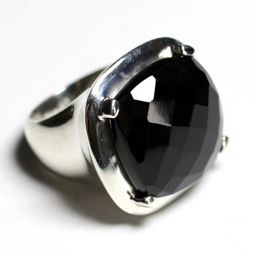 N110 - bague argent 925 et pierre - onyx noir carré facetté 18mm