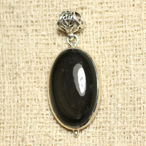 N32 - pendentif argent 925 et pierre - obsidienne oeil céleste arc en ciel ovale 27x17mm