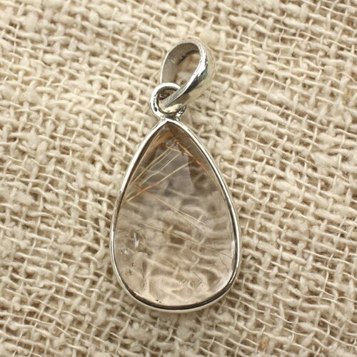 N5 - pendentif argent 925 et pierre - quartz rutile goutte 21x14mm