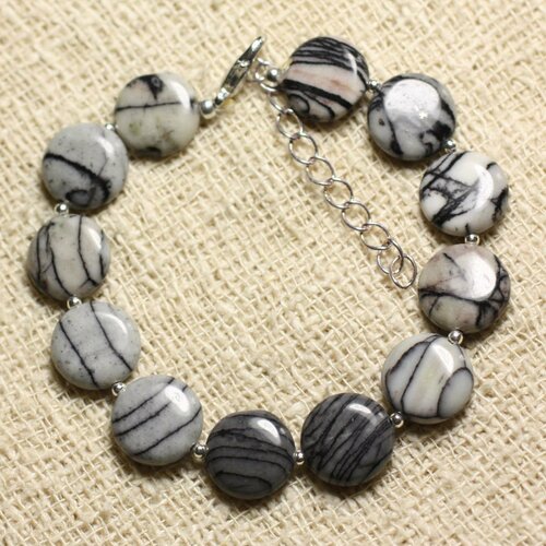 Bracelet argent 925 et pierre - jaspe zèbre palets 12mm