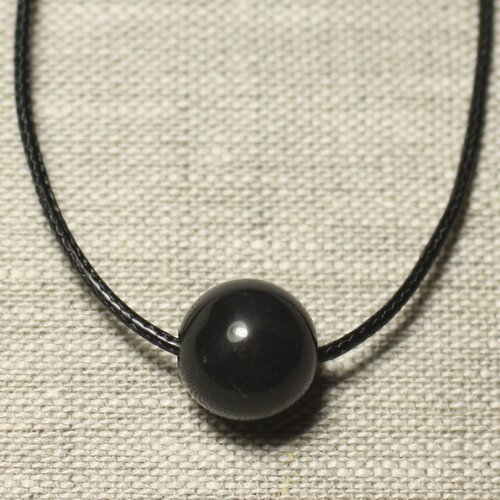 Collier pendentif pierre semi précieuse - obsidienne noire boule 14mm