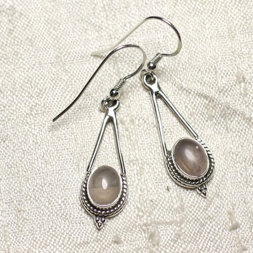 Bo212 - boucles d'oreilles argent 925 et pierre quartz rose gouttes 30mm