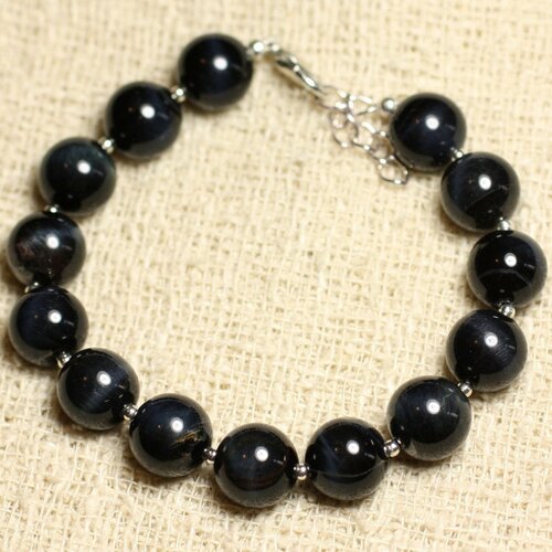 Bracelet argent 925 et pierre - oeil de faucon boules 10mm