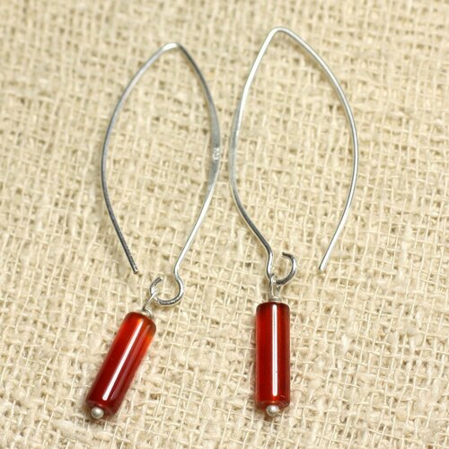 Boucles d'oreilles argent 925 et pierre - cornaline tubes 12mm