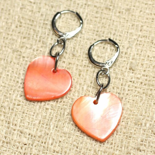 Boucles d'oreilles nacre coeurs 18mm rose orange