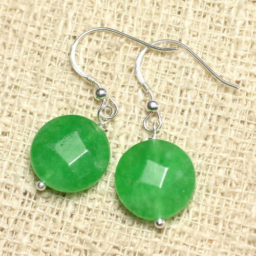 Boucles d'oreilles argent 925 et pierre - jade verte palets facettés 14mm