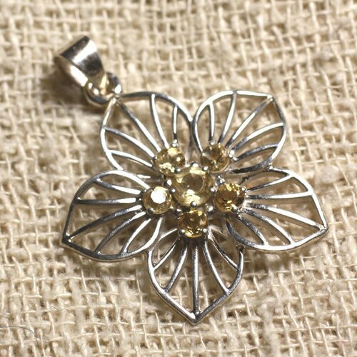 Pendentif argent 925 et pierre - citrine 3-4mm fleur 30x28mm