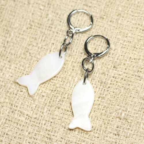 Boucles d'oreilles nacre poissons 23mm blanc
