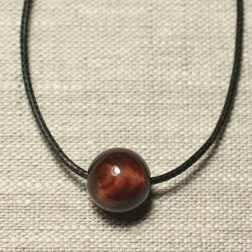 Collier pendentif pierre semi précieuse - oeil de taureau boule 14mm