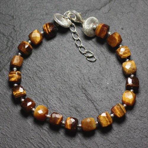 Bracelet argent 925 et pierre - oeil de tigre cubes facettés 5-6mm