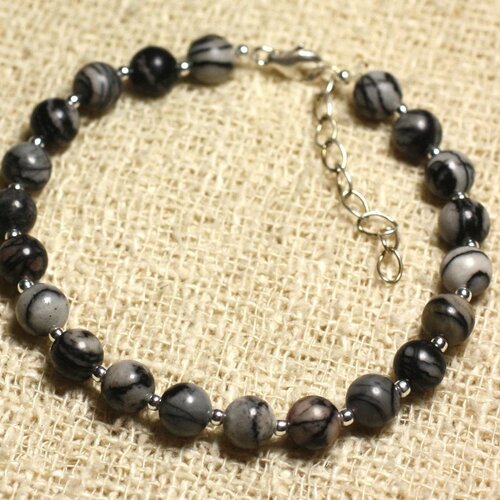 Bracelet argent 925 et pierre - jaspe zèbre 6mm