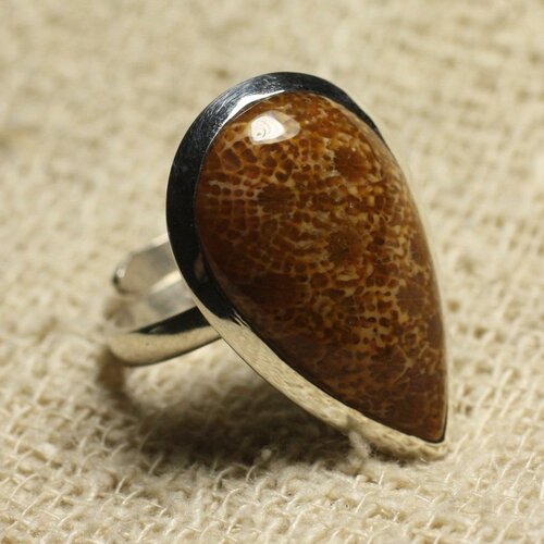 Bague argent 925 et pierre taille réglable - corail fossile goutte 26x15mm