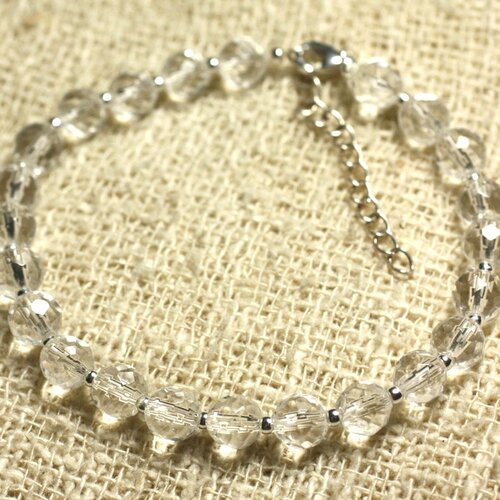 Bracelet argent 925 et pierre - cristal de roche quartz facetté 6mm