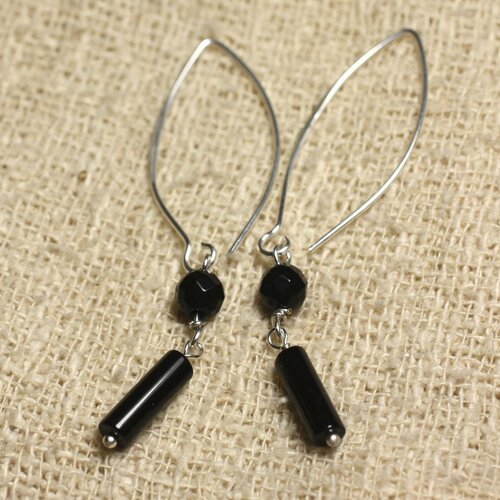 Boucles d'oreilles argent 925 crochets 40mm - onyx noir colonnes 13x4mm et rondes facettées 6mm