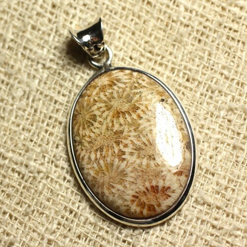 N6 - pendentif argent 925 et pierre - corail fossile ovale 33x23mm