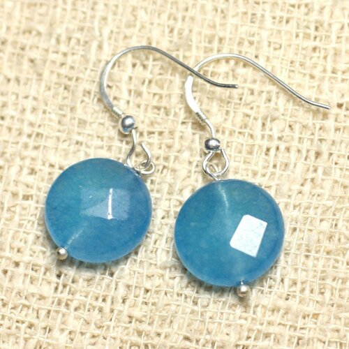 Boucles d'oreilles argent 925 et pierre - jade bleue palets facettés 14mm