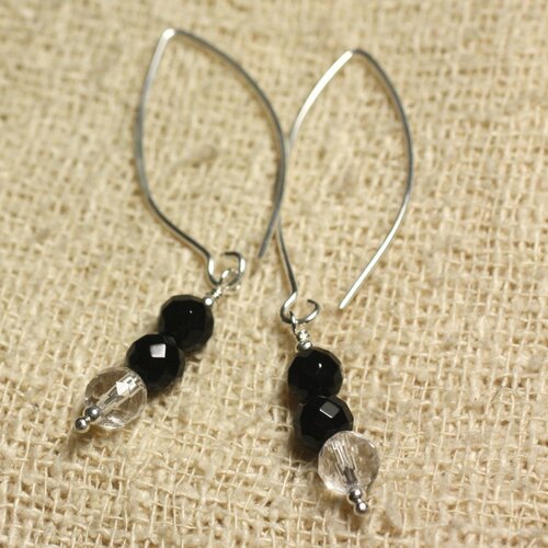 Boucles d'oreilles argent 925 crochets 40mm - onyx noir et cristal quartz rondes facettées 6mm