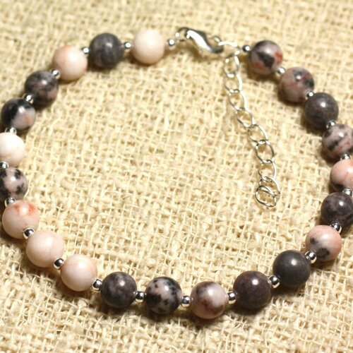 Bracelet argent 925 et pierre - jaspe gris et rose 6mm