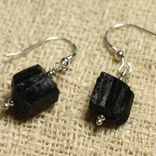 Boucles d'oreilles argent 925 - tourmaline noire batonnets bruts 10-12mm