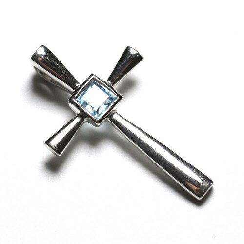 Pe121 - pendentif argent 925 et pierre - croix 30mm topaze bleue