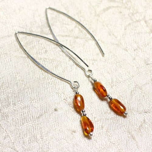Boucles d'oreilles argent 925 longs crochets et ambre naturelle olives 7-8mm