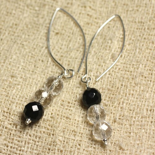 Boucles d'oreilles argent 925 crochets 40mm - onyx noir et cristal quartz rondes facettées 8mm
