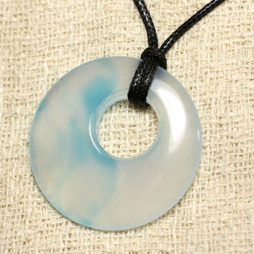 Collier pendentif en pierre - agate bleue donut 43mm n11