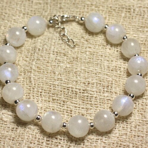 Bracelet argent 925 et pierre de lune arc en ciel 9mm