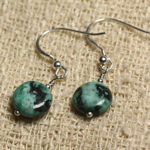 Boucles oreilles argent 925 et pierre turquoise afrique naturelle ronds plats palets 12mm bleu vert turquoise noir