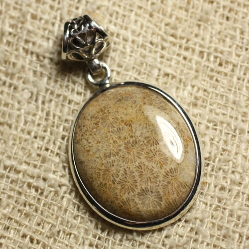 N5 - pendentif argent 925 et pierre - corail fossile ovale 25x20mm