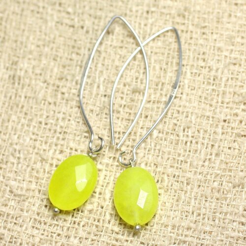 Boucles d'oreilles argent 925 et pierre - jade jaune fluo ovales facettés 14mm