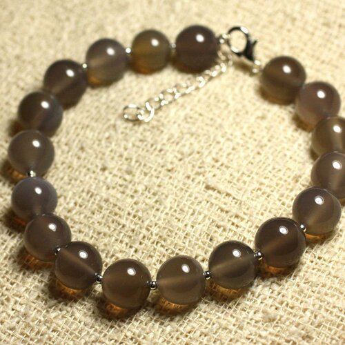 Bracelet argent 925 et pierre semi précieuse - agate grise10mm