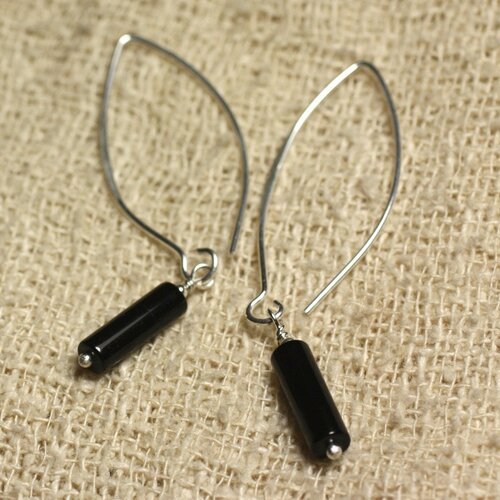 Boucles d'oreilles argent 925 crochets 40mm - onyx noir colonnes 13x4mm