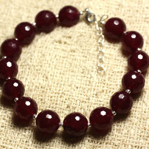 Bracelet argent 925 et pierre - jade rouge rose framboise facettée 10mm