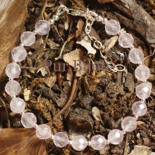 Bracelet argent 925 et pierre - quartz rose facetté 6mm