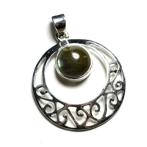 Pe118 - pendentif argent 925 et pierre - cercle filigrane 27mm labradorite n1