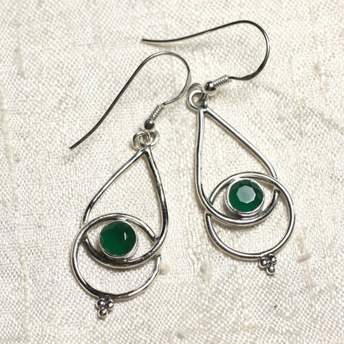 Bo205 - boucles d'oreilles argent 925 et pierre emeraude gouttes 36mm