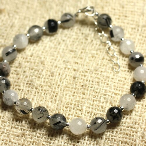 Bracelet argent 925 et pierre - quartz tourmaline facetté 6mm