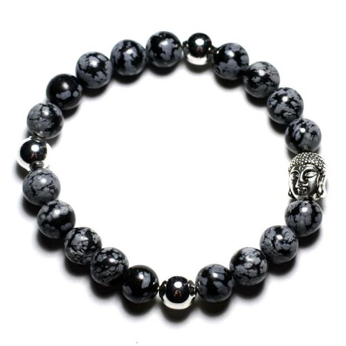 Bracelet bouddha et pierre semi précieuse - obsidienne flocon mouchetée 8mm