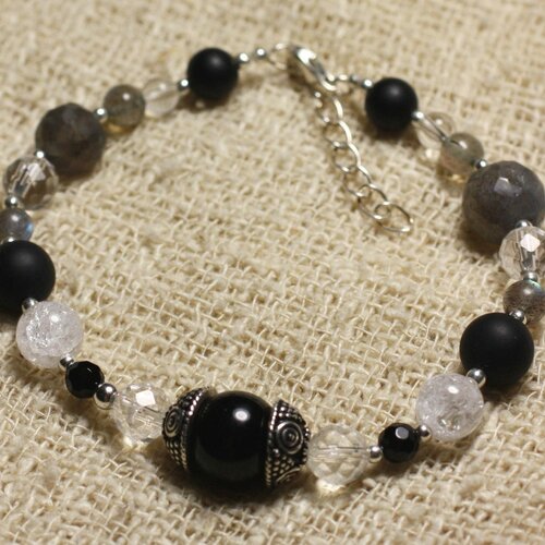 Bracelet argent 925 et perles de pierre onyx, labradorite, cristal 4-10mm